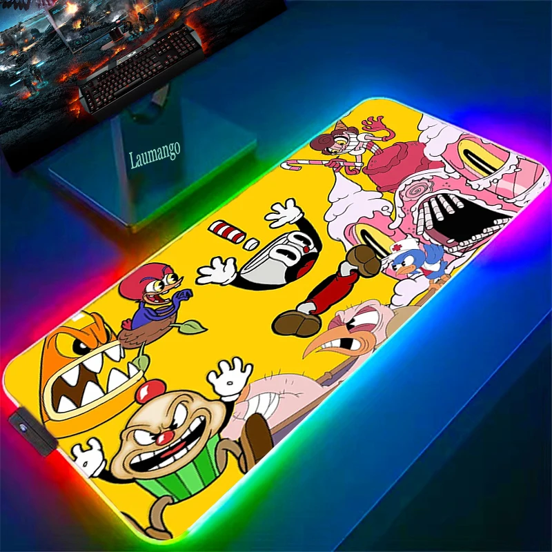 Cuphead RGB Mouse Pad Anime Gaming LED Mousepad Gamer Desk Accessories Keyboard Mat Deskmat Mats Mause 10 - Cuphead Store