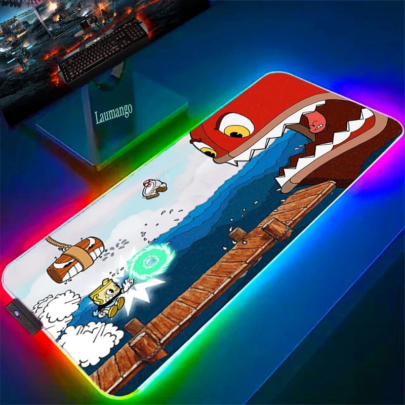 Cuphead RGB Mouse Pad Anime Gaming LED Mousepad Gamer Desk Accessories Keyboard Mat Deskmat Mats Mause 3 - Cuphead Store
