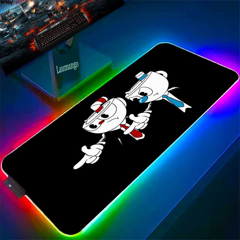 Cuphead RGB Mouse Pad Anime Gaming LED Mousepad Gamer Desk Accessories Keyboard Mat Deskmat Mats Mause 8 - Cuphead Store